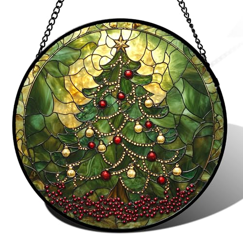 Stained Glass Window Hanging - Retro Green Christmas Tree Suncatcher for Doors Home Christmas Decoration Sun Catcher Thanksgiving New Year Birthday Gifts for Women Men Mom Nana 9.8 in
