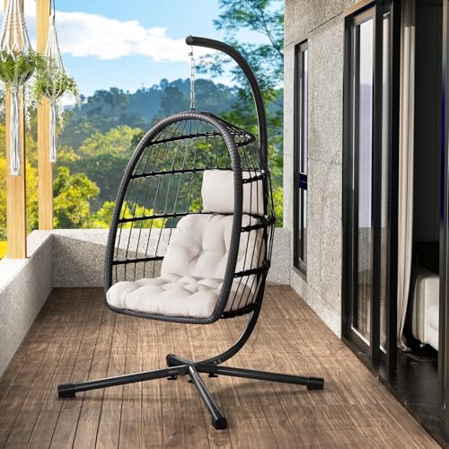 LEVELEVE Egg Chair with Stand,Patio Rattan Wicker Hanging Swing Egg Chair Hammock Chair for Bedroom Porch Garden,Thickened Aluminum Alloy Steel Frame and UV Resistant Cushion,350LBS Capacity