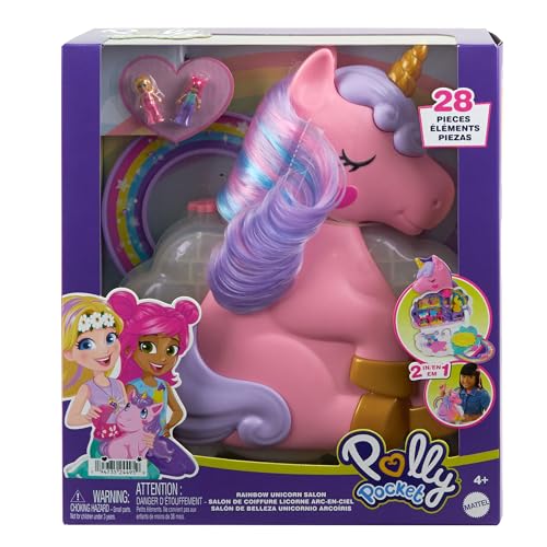 Polly Pocket Licorne Arc-en-ciel Coffret salon de coiffure et tête à coiffer avec 2 mini-figurines, plus de 20 accessoires et éléments mobiles, HYD97