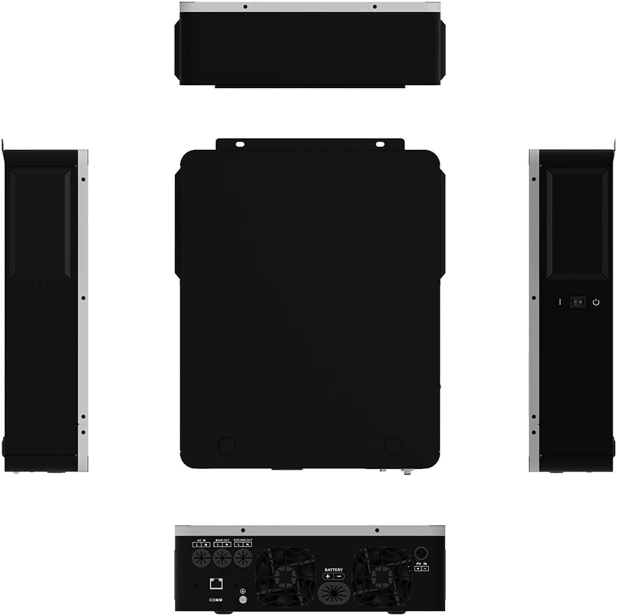 WESLNN Hybrid Solar Inverter showing multiple views: front, back, top, bottom, and sides