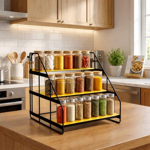 Image of counter top Spice Rack Organizer 3 Step Rack, Spice Seasoning Rack Shelf Holder Organizer Storage for Kitchen Cabinet Pantry (Modern) (kitchen counter)
