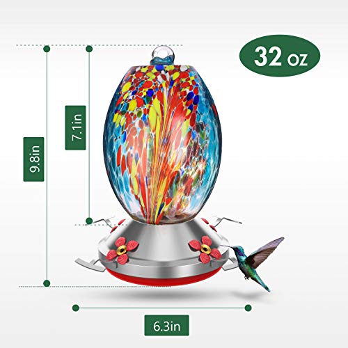 Balhvit Hummingbird Feeders for Outdoors, 32 Ounces Leak-Proof & Rust-Proof Hand Blown Glass Hummingbird Feeder, Easy to Clean & Fill Wild Bird Feeder with Hanging Hook, Ant Moat, Brush, Hemp Rope - Thumbnail 3