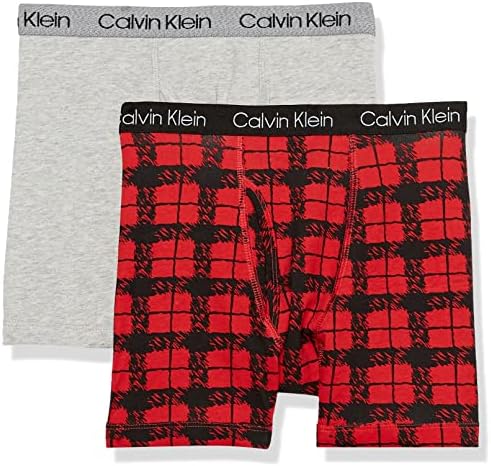 Calvin Klein Boys' Modern Cotton Assorted Boxer Briefs Underwear, Pack of 2, Heather Grey/Red Ck Plaid, Medium
