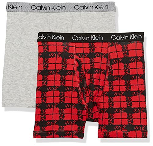 Calvin Klein Boys' Modern Cotton Assorted Boxer Briefs Underwear, Pack Of 2, Heather Grey/Red Ck Plaid, Medium #TOP1