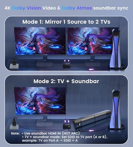 Image of 4K@60Hz HDMI Splitter 1 in 2 Out w / 4ft HDMI Cable, HDMI Audio Splitter for Soundbar, Support Dolby Vision /Atmos 7.1ch, Downscaler 4K /1080P Sync, 1080P@120Hz, 2K@144Hz, Work for Firestick, PS5, Roku