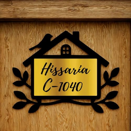 Image of Zesta Customized Name Plate for Home Entrance Outdoor | Acrylic Door Name Plate for House | Modern Personalised Name Board for Home Entrance | Waterproof House Name Plate Wall Decor(Golden, Hut)
