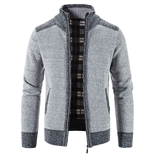 Image of Lu's Chic Men's Long Sleeve Cardigan Sweater Thermal Slim Fit Full Zip Quilted Jacket Business Casual Knit Coats Pocket