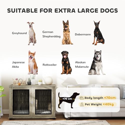 PawHut Dog Crate Furniture, Dog Cage with Soft Washable Cushion, Furniture-Style Pet Kennel Indoor House End Side Table for Small Medium Large XL Breeds, 118 x 75 x 82 cm, Grey - Image 4