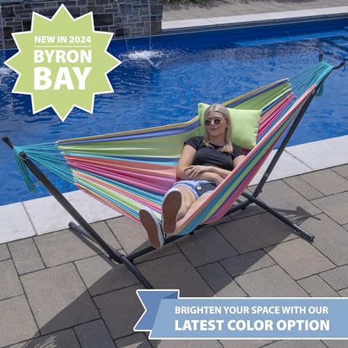 Vivere Double Cotton Hammock with Space Saving Steel Stand, Upgraded Polyester End Strings 450 lb Capacity - Premium Carry Bag Included - USA Grown Cotton (Byron Bay) - Thumbnail 3