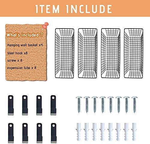 Viloth Wall Basket, 4 Set Extra Large Hanging Baskets for Organizing with Hooks, Rustic Farmhouse Decor, Wall Mount Metal Baskets for Bathroom Office Kitchen Cabinet Storage (Black)