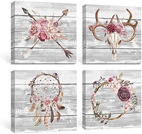 SUMGAR Boho Wall Art Bedroom Rustic Pink Flowers Pictures Farmhouse Decor Grey Bull Skull Canvas Paintings Girls Dorm Grey Floral Prints Framed Artwork Set of 4 Home Gifts,12x12 inch
