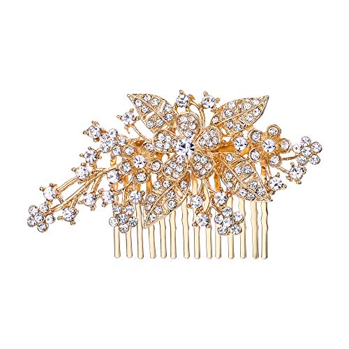 EVER FAITH Women's Austrian Crystal Wedding Elegant 3 Flower Leaf Hair Comb Clear Gold-Tone