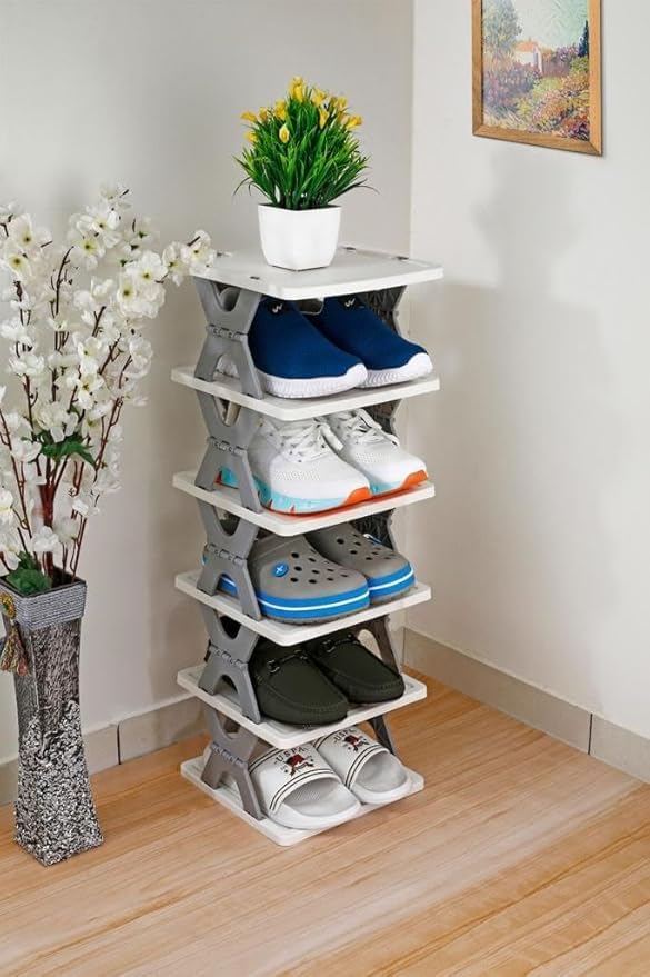 Plastic Shoe Rack for Home, Stackable Shoe Stand Organizer, Collapsible Footwear Storage Shelf for Bedroom and Entryway, Multi Purpose Corner Tower, Space Saving Design, Easy Assembly, Pack of 1-image-46