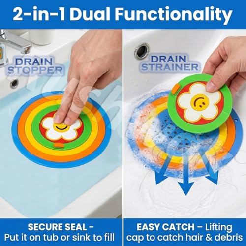 Image of Rushwak 2-in-1 Silicone Drain Cover (Pack of 4) Anti-Clog Bathroom Drain Cover with Lid for Drainage Stopper & Filter Reusable Debris & Hair Catcher Drainage Cover Insect /Odor-Blocking Sink Strainer