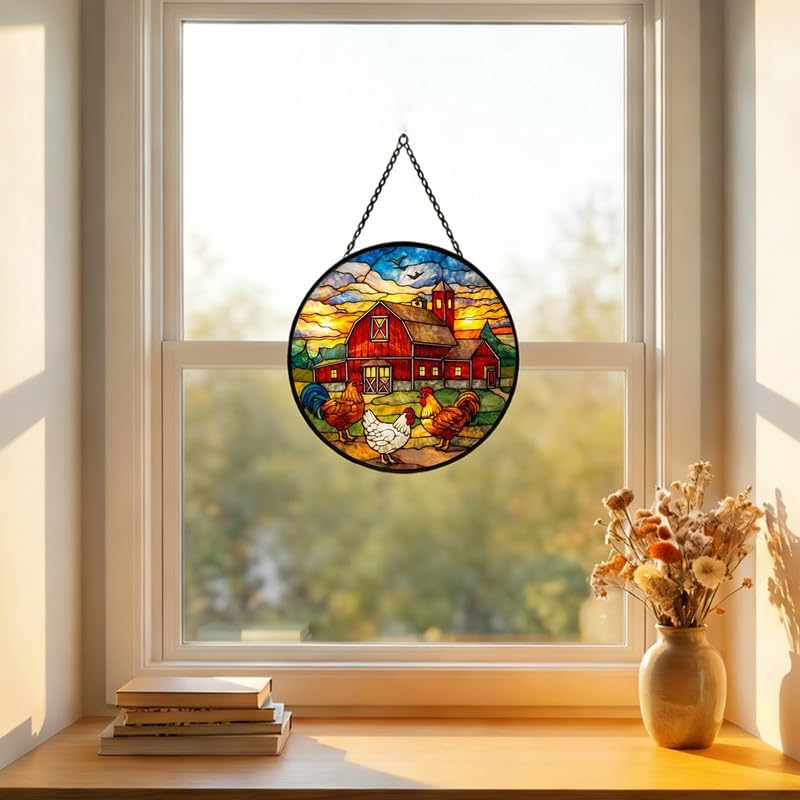 Stained Glass Window Hanging Suncatcher 11.8 in Farm Rooster and Chicken Barn Scene Colorful Glass Panel Sun Catcher for Window,Window Hanging Decor for Home,Housewarming Gift