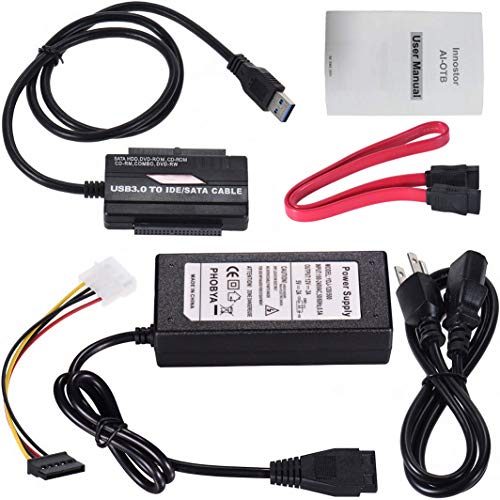 Warmstor USB 3.0 to SATA/IDE 2.5/3.5/5.25 Inch Hard Drive Converter Cable HDD Connector Set with [Updated Version] External AC Power Adapter Support OTB One Touch Backup