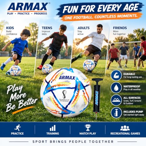 Image of Qatar Football Practise Foot Ball Training Match Football Size 5 Original for All Ages Group Rubber Moulded Standard Sports Foot Ball for Ground, Grass, Turf, Outdoor Waterproof
