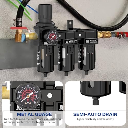 Image of NEWPO 3 /8 inch NPT Air Drying System for Water Separator,3 Stage Compressed Air Filter Regulator Combo, 5＆0.5&0.01 Micron Filter Cartridge,Semi-Auto Drain, Metal Bracket-Black