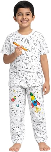 HOMZEN Reusable Coloring Pajamas for Kids | DIY Colouring Night Suit Set with 10 Washable Fabric | Creative Drawing Sleepw...