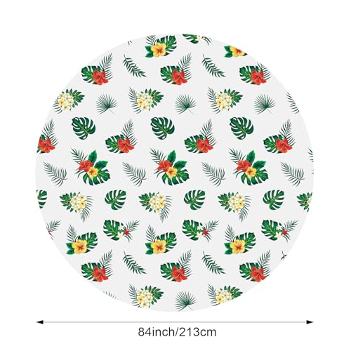 Image of Oudain 24 Pcs 84 inch Summer Round Hawaiian Tablecloths, Lagre Tropical Luau Plastic Table Covers with Palm Leaves & Hibiscus Flower, Aloha Tiki Beach Pool Party Decorations Supplies (White)