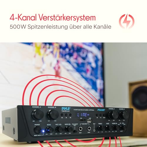 Pyle Bluetooth Stereo Verstärker 500 W – 4-Kanal Mini Receiver mit USB, AUX, FM-Radio, Subwoofer RCA & Mic Eingang, Talk Over Funktion mit Echo Kabelloses Streaming, Für Heimkino, Studio & PA-Anlage
