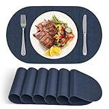 DOLOPL Placemats Set of 6, Oval Reversible Wipeable & Heat Resistant Place Mats, Modern Faux Leather Table Mats for Kitchen, Neutral Tablemats for Dining Table Decor, Wedding, Party(Navy Blue)