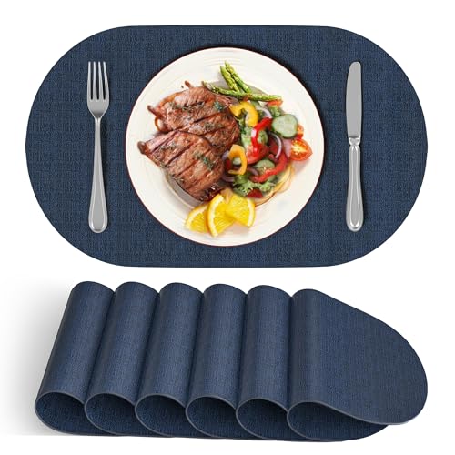 DOLOPL Placemats Set of 6, Oval Reversible Wipeable & Heat Resistant Place Mats, Modern Faux Leather Table Mats for Kitchen, Neutral Tablemats for Dining Table Decor, Wedding, Party(Navy Blue)