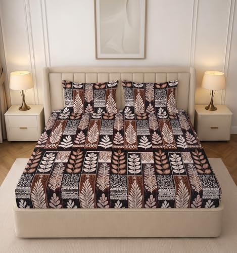 Image of RD TREND Premium Soft Cloud Cotton Floral Bedsheet for Double Bed | Size-90x90 Inches Queen Bedsheets with 2 Matching Pillow Covers (18x28 Inch) Dark Brown
