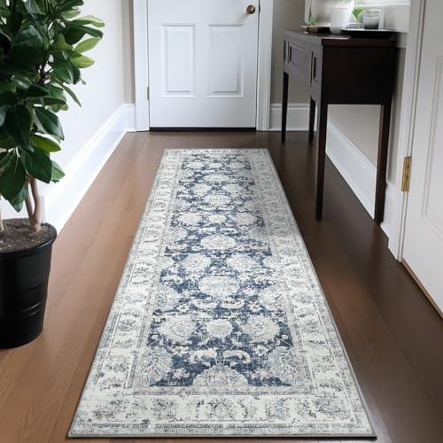 TOPICK Machine Washable Area Rug 270x365cm Distressed Taupe Floral Vintage Rug Chenille Print Floor Cover Indoor Thin Large Rug Non Slip Carpet Living Room Office Bedroom Dining Room Hall