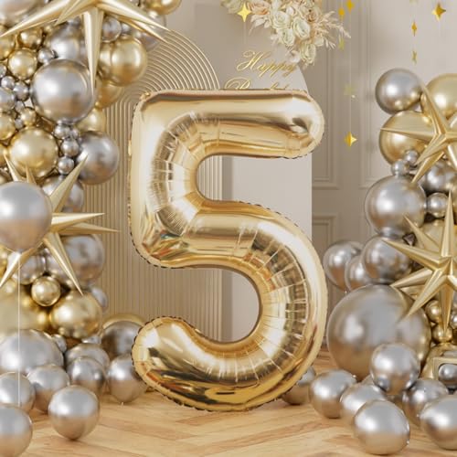 Image of AULE 40 Inch Large 5 Balloon Numbers Light Gold, Big Foil Number Balloons, Giant Helium Happy Birthday Party Decorations for Man and Women, Huge Mylar Anniversary Party Supplies