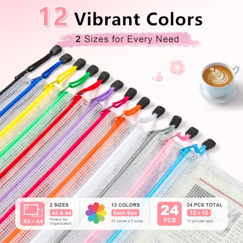 Image of Umriox Mesh Zipper Pouch Bags, A3+A4 (12 Colors, 24 Packs), Large Storage Bags, Zipper Bags for Office Supplies Travel Accessories and Board Games Storage