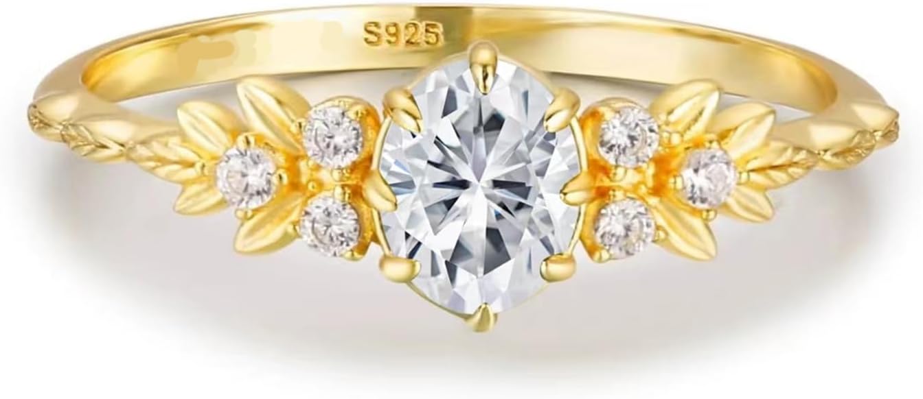 925 Sterling Silver Cubic Zirconia Leaf Rings for Women 14K Gold Plated Marquise Engagement Ring Statement Gemstones Moissanite Rings Dainty Wedding Bands Bridesmaid Birthday Valentines Jewelry Gifts - Image 2