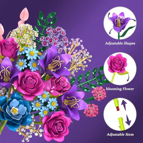 Flower Building Blocks Set, 19 DIY Flowers Bouquet Building Kit With Rose, Lily, Botanical Collection Block Toy For Adults Women Girls 6+, 1010 PCS Plant Home Decor, Gift For Anniversary Birthday by Utbttor - Used condition - Image 4