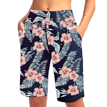 Viodia Short feminino longo de 23 cm com bolsos, cintura alta, comprimento até o joelho, para mulheres, com forro, Flor marinho, 4G