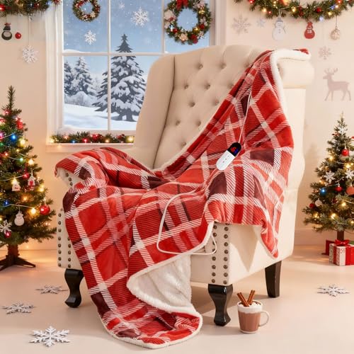 Heated Blanket Electric Throw 50''X60''，Ultra Soft Sherpa Buffalo Plaid Heated