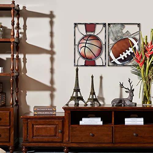 Liffy Room Decor Metal Sports Wall Art Football Basketball Themed Hanging Glass Sculpture Artwork Decorations For Home Office Living Room Playroom Bedroom Classroom, Set Of 2, 16X12Inch #TOP3