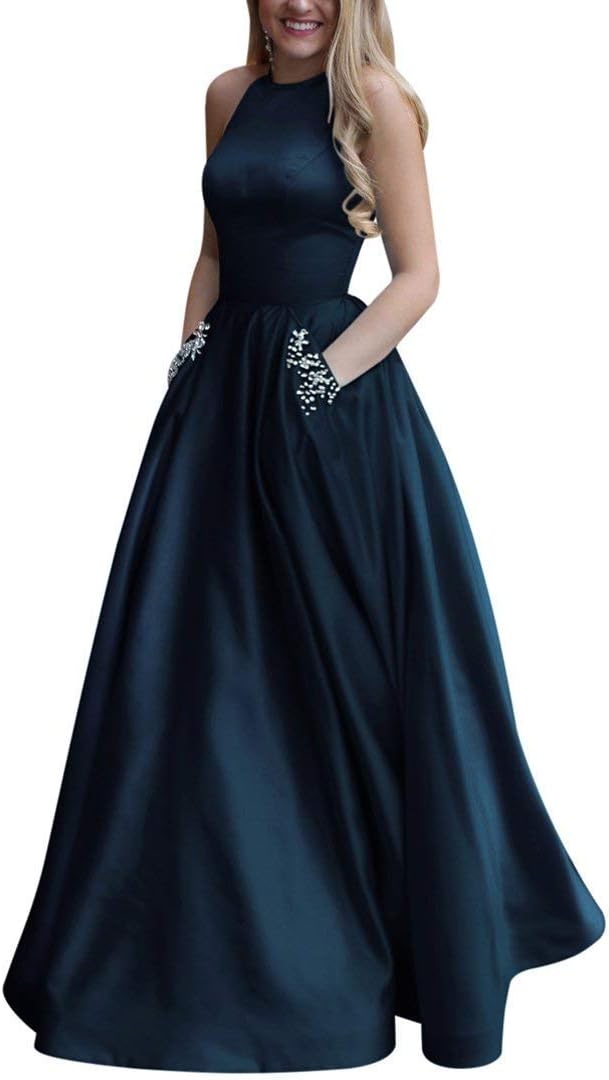 Women's Long Beaded Halter Satin Prom Dress A Line Open Back Evening Gowns with Pockets