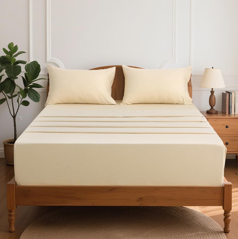 HYPREST Cotton Sheets King Size,18 Inch Deep Pocket King Sheets Hotel Luxury Soft Beige - 600 Thread Count