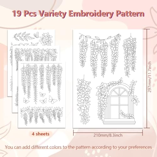 Image of Peacoblue Water Soluble Embroidery Patterns for Beginners, Wisteria Vines and Butterflies 4 Sheets with 19pcs Wash Away Stick and Stitch Embroidery Pattern Stabilizer for Hand Sewing Women Adults