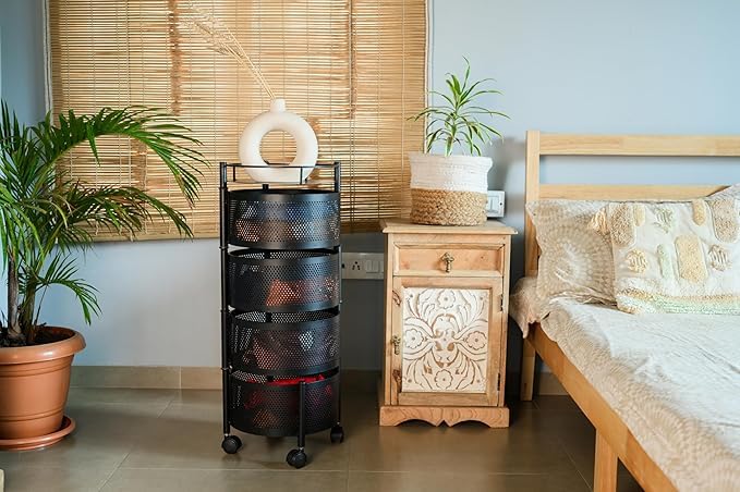 Image of KITCHIVO Kitchen Storage Rack | Revolving Vegetable Rack | Square Multipurpose Storage Trolley with Wheels | Metal Fruit Rack (Black Round, 4 Layer)