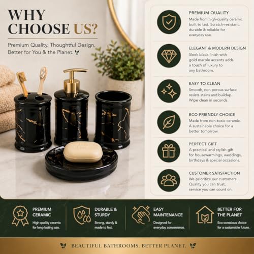Image of Whizzo Ceramic Bathroom Set - Italian 4 Piece Bath Accessories Set with Soap Dispenser, Toothbrush Holder, Tumbler & Soap Dish - Modern & Designer Decor for Home & Guest Bathrooms (BS-822-BLACK)