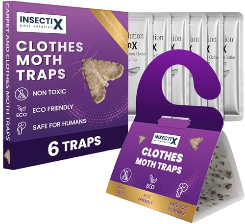InsectiX Premium Clothes and Carpet Moth Monitoring Traps – 6 Pack, Non-Toxic Odourless Pheromone Pads for Wardrobes, Drawers, Carpets & Storage – Safe for Homes with Pets & Children