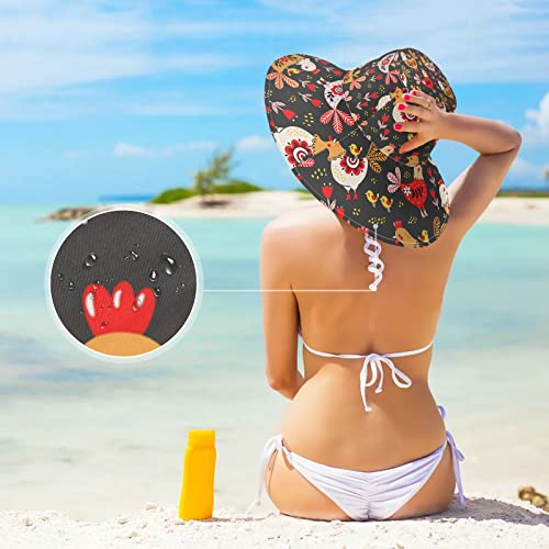 Oyihfvs Rooster Hens Chickens Flowers Colorful On Black Women's Wide Brimmed Sunhats, Sun Beach Hat Water-Resistant Summer Hat Visor Uv Protection Cap For Outdoor #TOP4