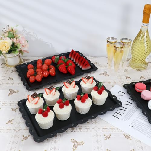 12 Pcs Plastic Serving Trays Black Large 14.5\'\'x 9.5\'\' Rectangle Dessert Trays for Dessert Table Disposable Platters Flat Cookie Cupcake Serving Tray for Birthday Tea Party Wedding Baby Shower - Thumbnail 6