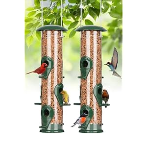 FEED GARDEN Metal Tube Bird Feeders for Outdoors Hanging, 2 Pack 6-Port Squirrel Proof Bird Feeders for Outside, Bird Feeders with Heavy Duty Metal Lid, Chew-Proof, 13 Inch Green
