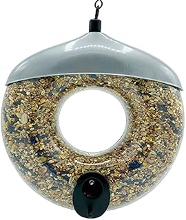 Rounded Wild Garden Bird Seed Feeder for Outdoor Hanging with Metal Chain Hanger - Grey Metal Roof with Plastic Seed Hopper - Stylish Round Circular Doughnut design