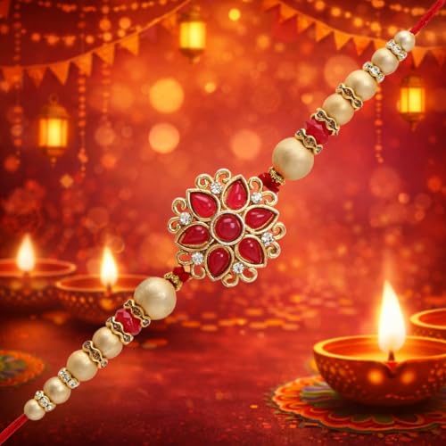 Image of Riddhika Ventures Stylish Kundan and AD Ring Rakhi with Roli Chawal and Greeting Card
