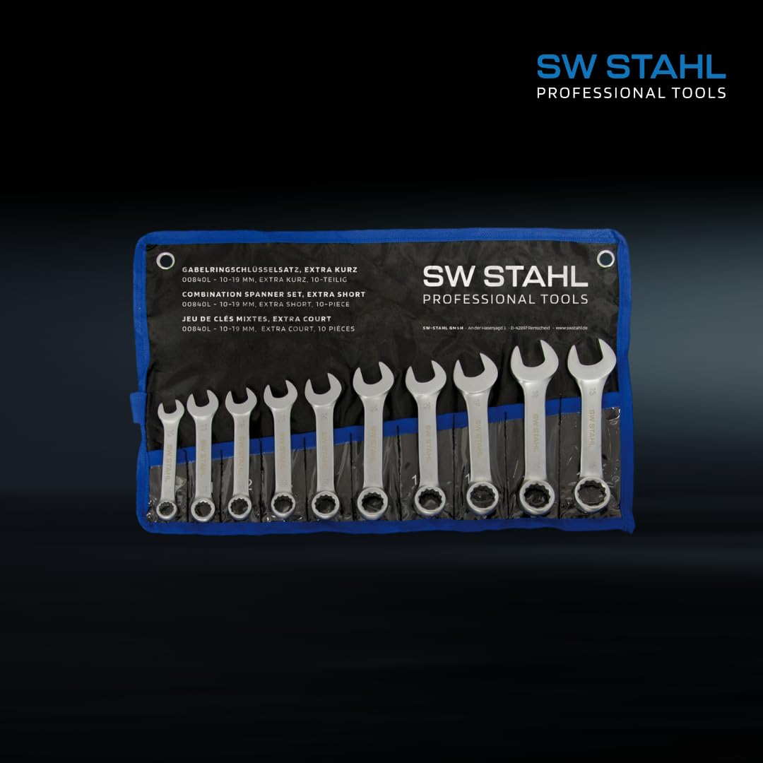 SW-Stahl Set di Chiavi a Forcella, 10-19 mm, Extra Corte, 10 Pezzi | In cromo vanadio opaco per punti difficili da raggiungere, lunghezza 90-140 mm, ideale per motori e climatizzazione