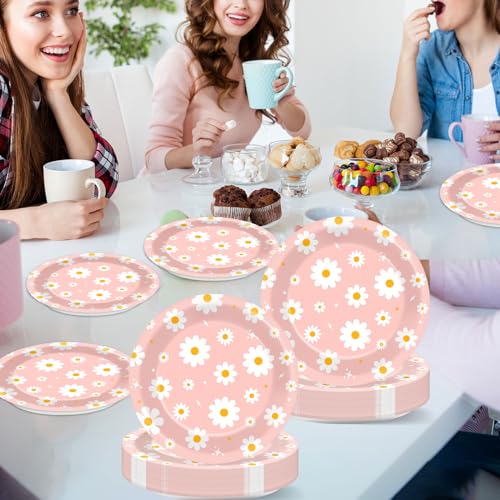 Image of Qyeahkj 48 PCS Daisy Paper Plates 7 Inch Daisy Flower Party Supplies Groovy Tableware Set Pink Groovy Boho Dessert Plates Decorations for Birthday Baby Shower Wedding Disposable Party Favors