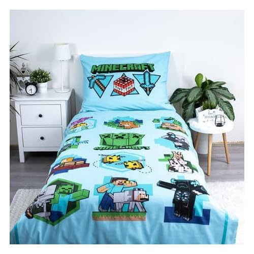Minecraft - Juego de funda de edredón oficial para cama individual, 140 x 200 cm, diseño épico Let's Play| Verde reversible de 2 caras, mercancía oficial, incluye funda de almohada a juego